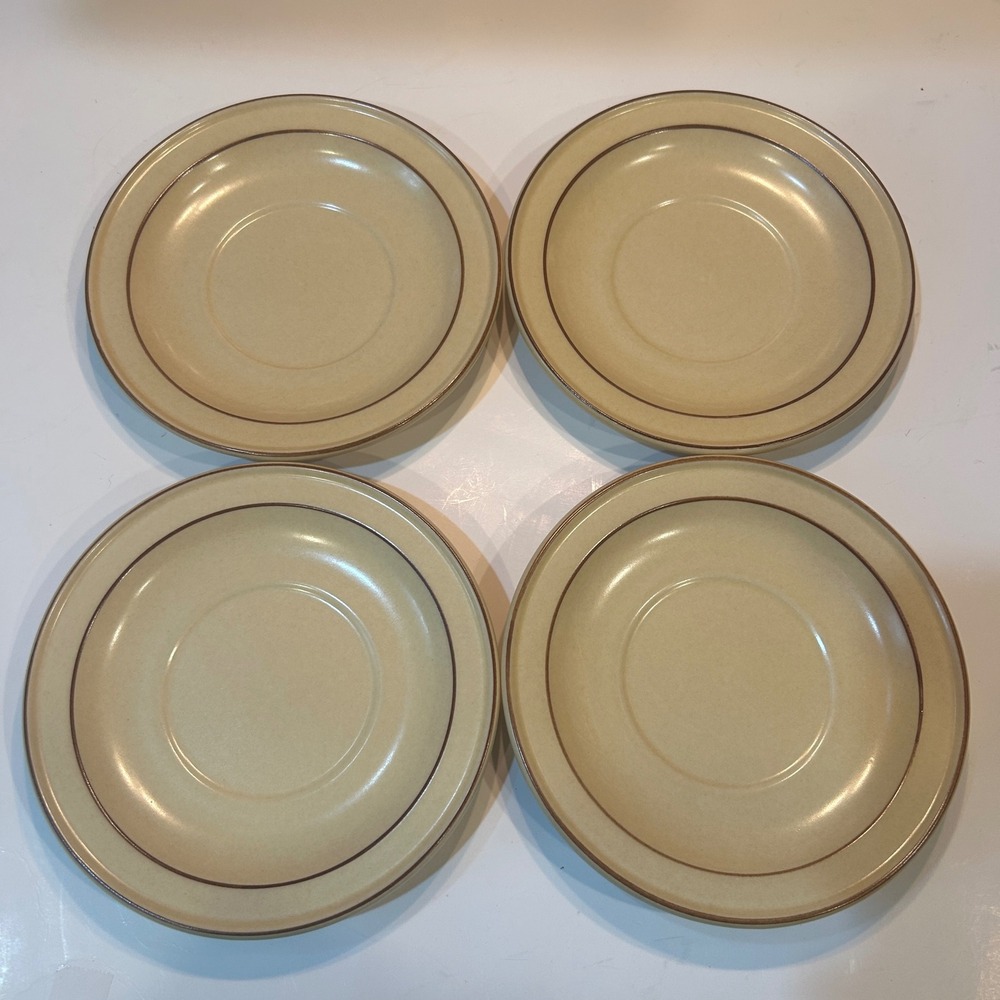 Pfaltzgraff Village Saucers Set of 4 Tan Brown Band Vintage Stoneware USA Made